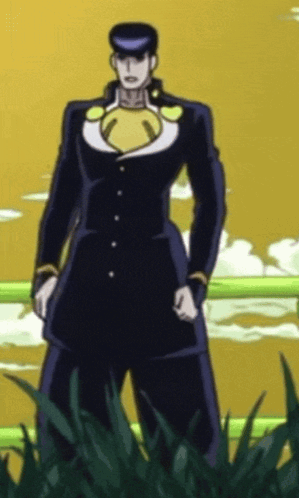 a man in a black suit is standing in a field
