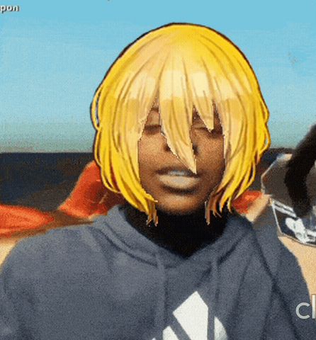 a woman with blonde hair is wearing a blue adidas shirt