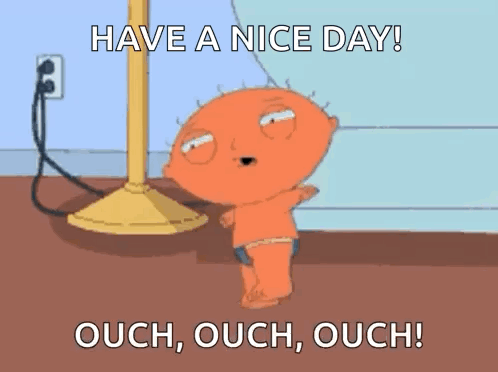 Stewie Griffin shuffles painfully past a lamp as captions repeat “OUCH.”