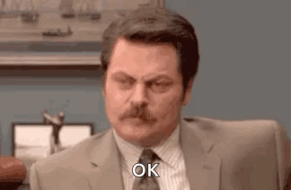 Ron Swanson looks forward with “OK” on screen.