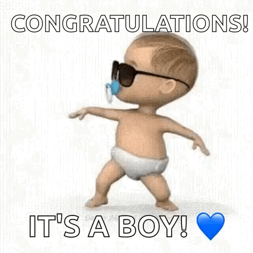 A diapered animated baby wearing sunglasses dances beside “IT’S A BOY!”