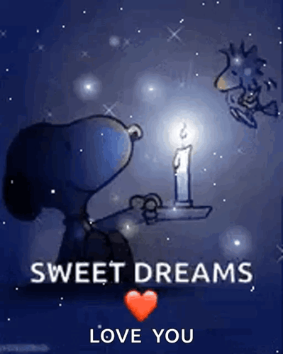 Snoopy sleeps by a candle under a moonlit sky with “SWEET DREAMS LOVE YOU.”
