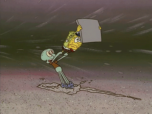 a cartoon of spongebob and squidward holding a piece of cardboard
