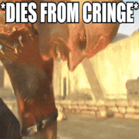 a picture of a dinosaur with the words dies from cringe on it