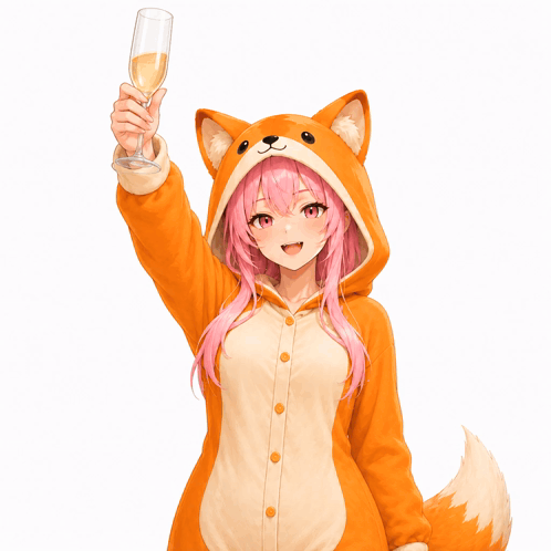 a girl in a fox costume is holding a glass of wine