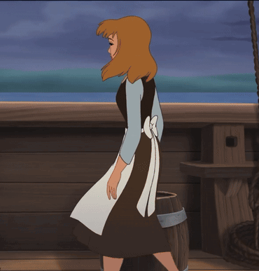 Cinderella stands alone on a ship deck looking sorrowful.