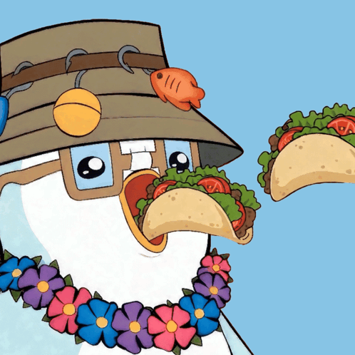 a cartoon of a bird wearing a hat and flowers eating tacos