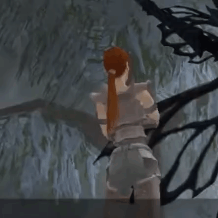 a woman with a ponytail is standing in front of a tree in a video game .
