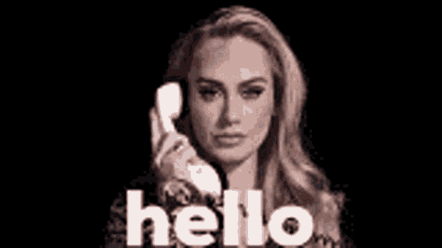 A woman resembling Adele holds a phone with “hello” text.