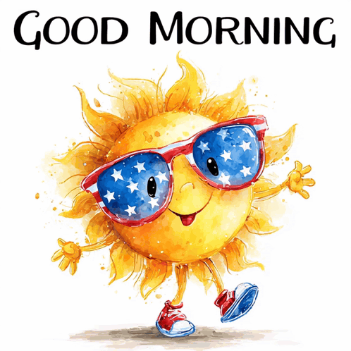 A smiling sun in star-spangled sunglasses says “Good Morning.”