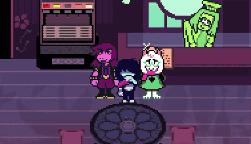 a group of pixel art characters standing next to each other in a room .