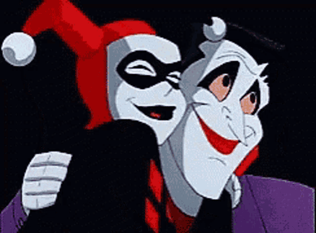 harley quinn and the joker are hugging each other and smiling