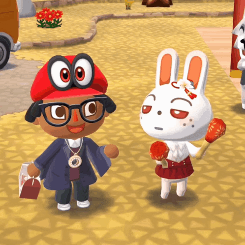 a cartoon character wearing a red hat and glasses standing next to a white rabbit