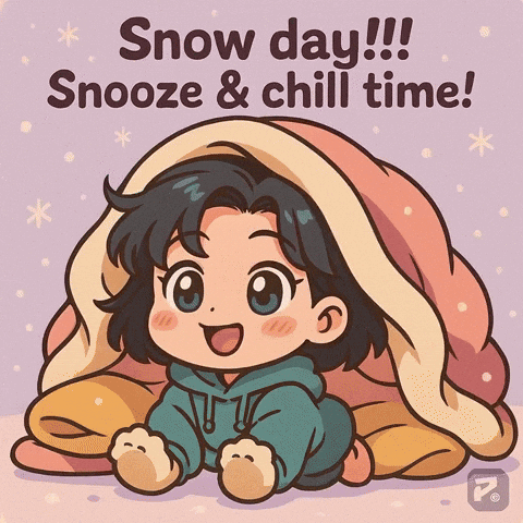 a cartoon drawing of a girl under a blanket that says snow day