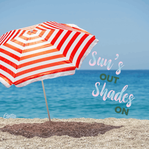 a red and white striped umbrella on a beach with the words " sun 's out shades on "