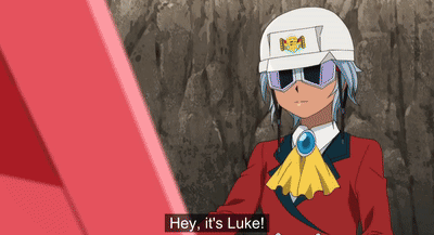 a cartoon character says hey it 's luke with a red background