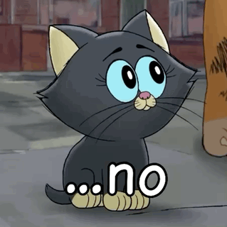 A wide-eyed black cartoon cat looks worried with a large “...no” caption.