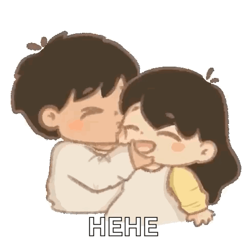 A chibi boy kisses a chibi girl's cheek beside the caption “HEHE.”