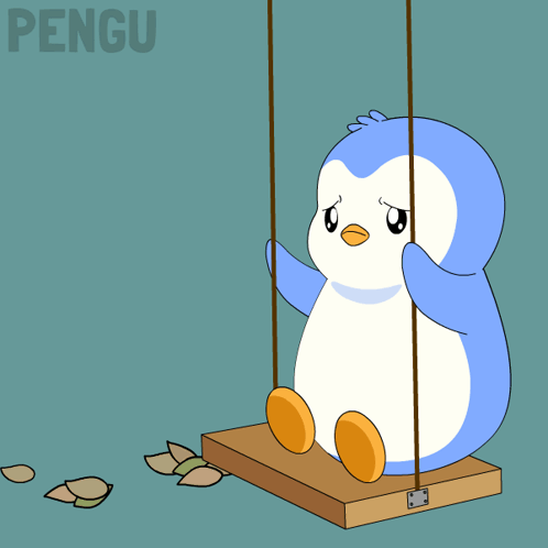Pengu sits alone on a swing amid fallen leaves.