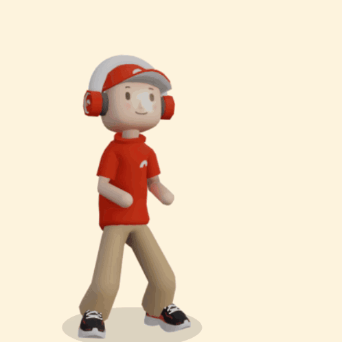 A small 3D cartoon person in headphones walks with a pained posture.