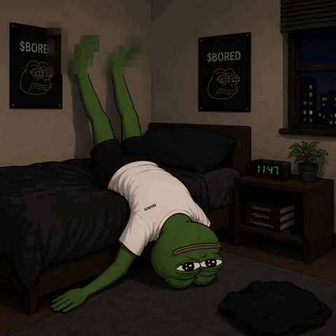 Pepe the Frog lies upside down on a bed with his feet in the air.