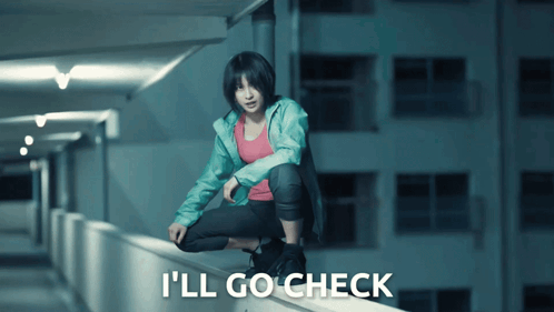 a woman squatting on a wall with the words i 'll go check written below her