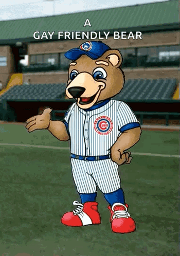 a chicago cubs mascot is wearing a blue and white striped uniform
