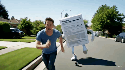 a man in a blue shirt is running down a street with a box on his back that looks like a form