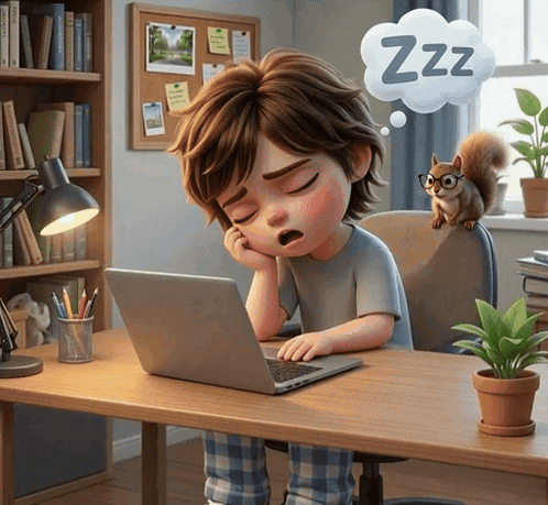 A child dozes over a laptop at a desk with a Zzz thought bubble.