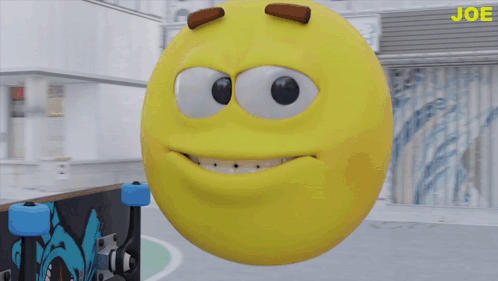 a yellow smiley face is holding a skateboard in front of a sign that says stop