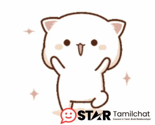 A white cartoon cat stands with its paws raised amid sparkles.
