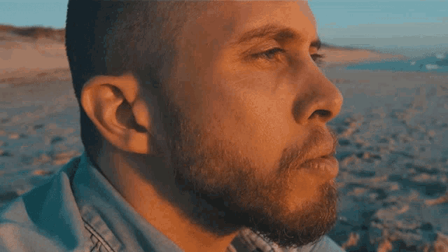 a close up of a man 's face with a beard