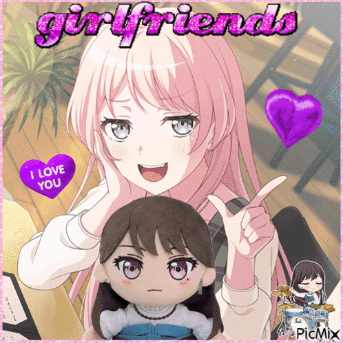 a picture of a girl with a stuffed doll and the words girlfriends