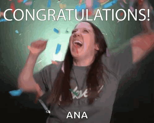 A woman pumps her fist enthusiastically under the caption “CONGRATULATIONS!”