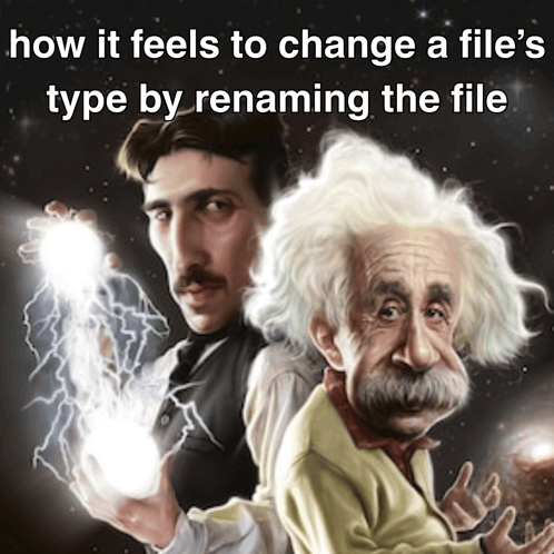 a drawing of tesla and einstein with the words how it feels to change a file 's type by renaming the file below them