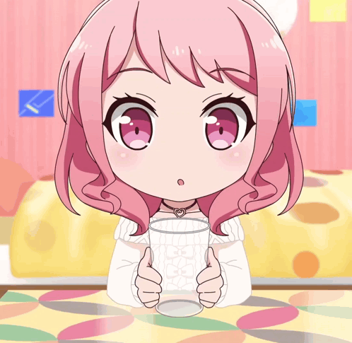 a girl with pink hair is holding a glass