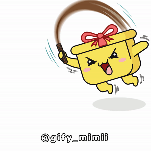 a cartoon drawing of a yellow box with a red bow on top