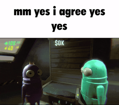 a cartoon character says mm yes i agree yes yes in front of a sign that says sok