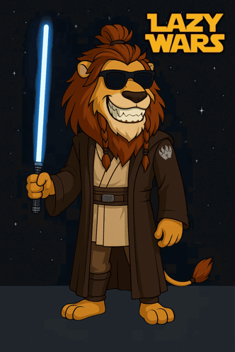 a cartoon of a lion wearing sunglasses and holding a lightsaber with the words " lazy wars " above him