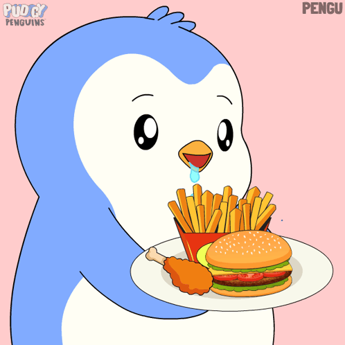 A blue penguin holds a tray with a burger, fries, and drink.