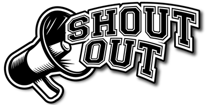 a black and white logo for shout out with a megaphone