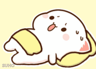 A white cartoon cat sleeps while hugging a yellow pillow.
