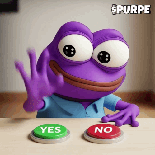 A purple cartoon character reaches toward green “YES” and red “NO” buttons.