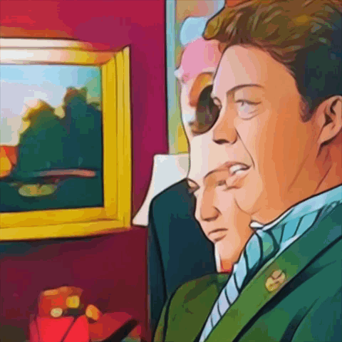 a cartoon of two men looking at a picture