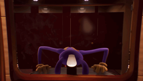 a purple cartoon character is standing in a dark room