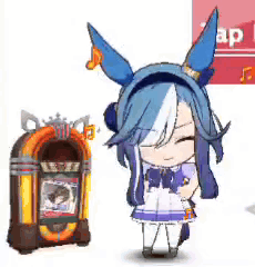 a cartoon girl with blue hair and ears is standing next to a jukebox .