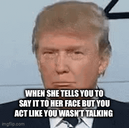 Donald Trump looks forward at a debate with a caption about saying it to someone’s face.