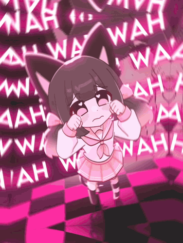 a girl with a cat ear is standing in front of a wall of wah