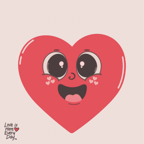 A smiling pink heart character with big eyes fills a pale background.