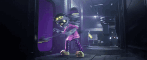 a cartoon character is standing in a dark hallway with a purple door